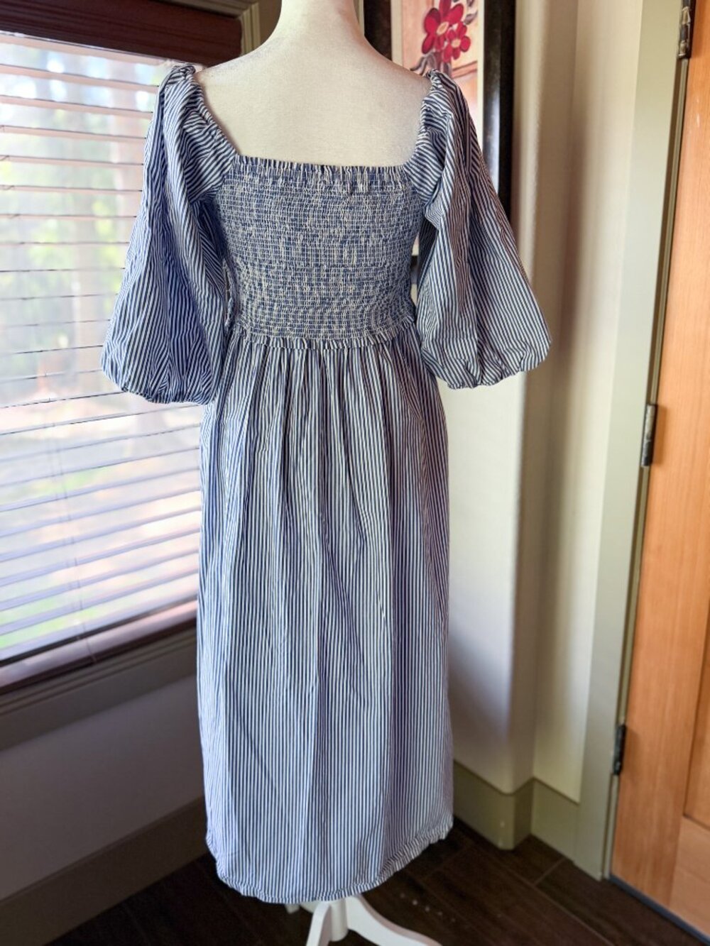 Free Assembly Large Smocked Midi Dress Puffy Sleeves Nautical Cottagecore - Picture 5 of 7